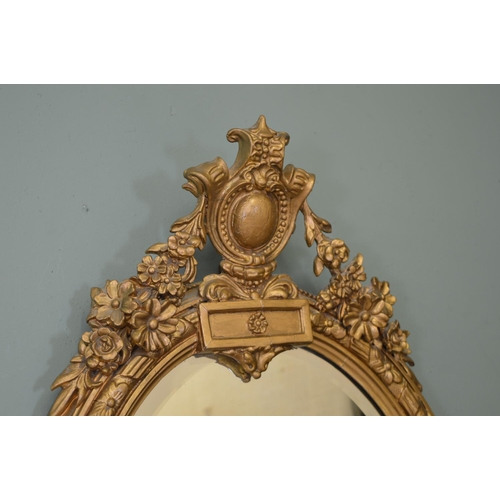 552 - 19th. C.  gilt wood oval wall mirror with sconces . { 86cm H X 44cm W }.