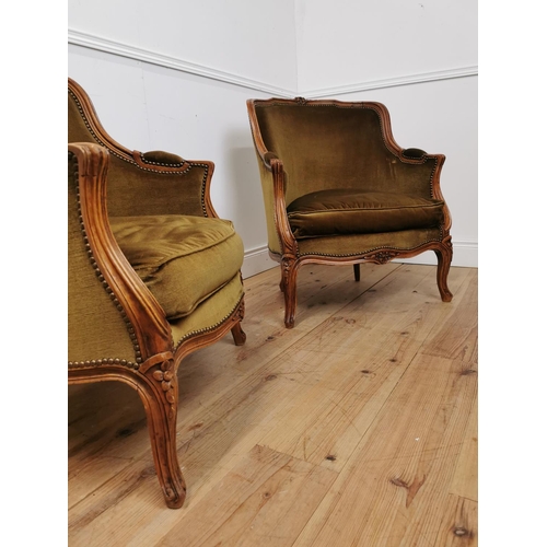 553 - Pair of early 20th. C. French velvet upholstered armchairs { 89cm H X 74cm W X 70cm D }.