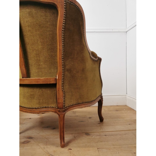 553 - Pair of early 20th. C. French velvet upholstered armchairs { 89cm H X 74cm W X 70cm D }.