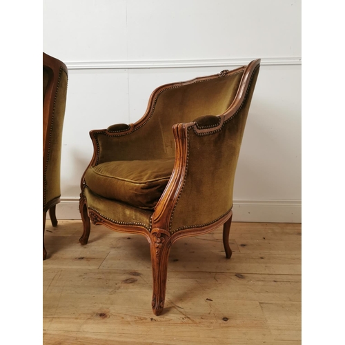 553 - Pair of early 20th. C. French velvet upholstered armchairs { 89cm H X 74cm W X 70cm D }.