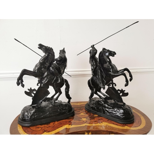 57 - Pair of 19th C. Spelter Warriors on horseback {55cm H x 34cm W x 15cm D}