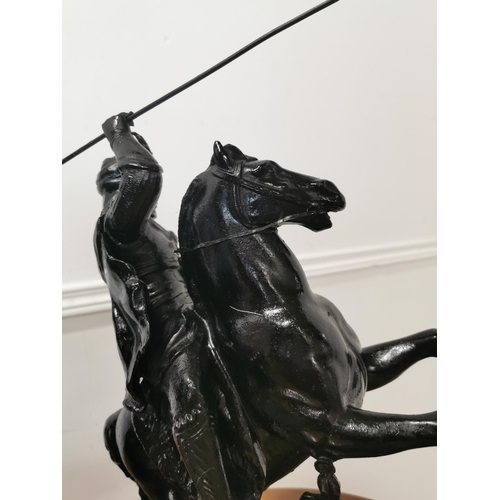 57 - Pair of 19th C. Spelter Warriors on horseback {55cm H x 34cm W x 15cm D}