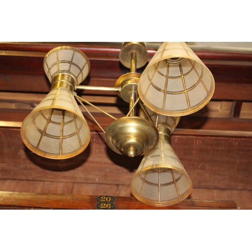 578 - Brass and glass three branch chandelier { 50cm H X 40cm Dia }.