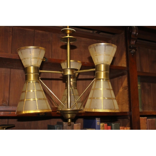 578 - Brass and glass three branch chandelier { 50cm H X 40cm Dia }.