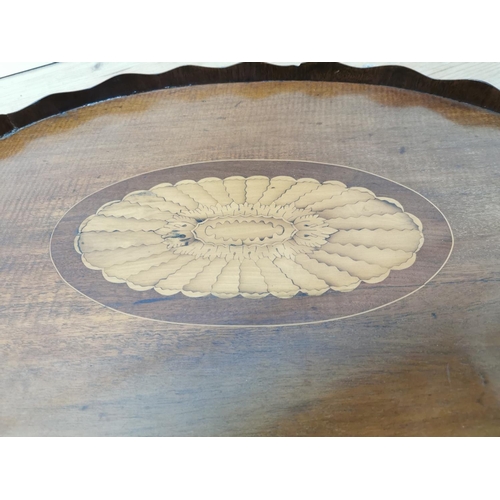 580 - 19th C. mahogany and satinwood inlaid butler's tray with brass handles {62 cm H x 42 cm W}.