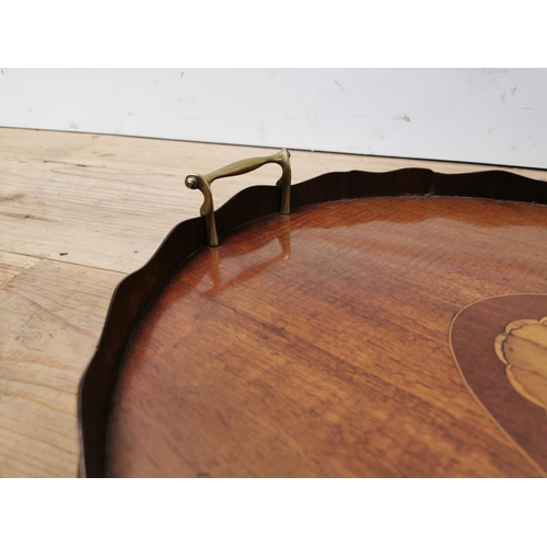 580 - 19th C. mahogany and satinwood inlaid butler's tray with brass handles {62 cm H x 42 cm W}.