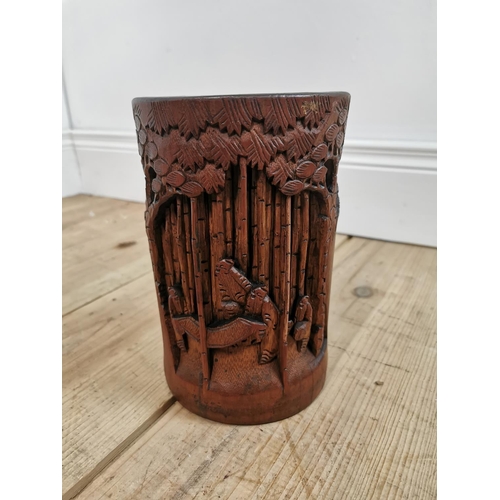 582 - Hand carved bamboo Chinese paint pot decorated with village scenes. { 21 cm H x 13 cm Diam}.