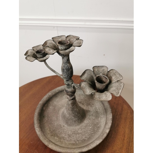 602 - Metal three branch candle holder. { 30cm H X 30cm Dia }.