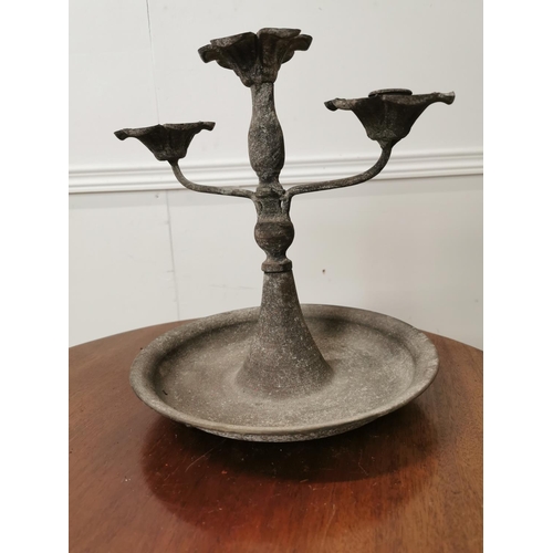 602 - Metal three branch candle holder. { 30cm H X 30cm Dia }.