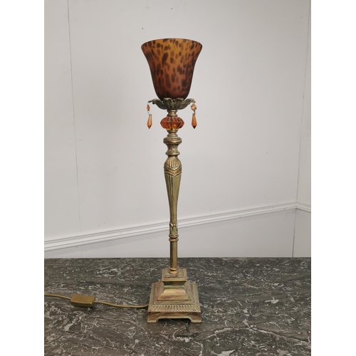 611 - Decorative gilded metal table lamp with amber glass shade { 64cm H X 13cm Sq. }.