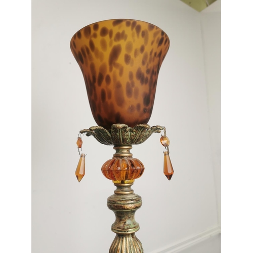 611 - Decorative gilded metal table lamp with amber glass shade { 64cm H X 13cm Sq. }.