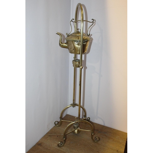 624 - Unusual 19th. C. brass spirit kettle on stand { 87cm H X 26cm W X 30cm D }.