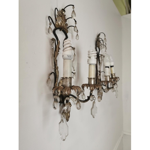 63 - Pair of metal and cut glass wall sconces {45cm H x 25cm W x 15cm D}