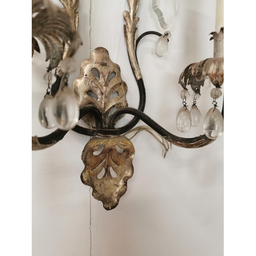 63 - Pair of metal and cut glass wall sconces {45cm H x 25cm W x 15cm D}