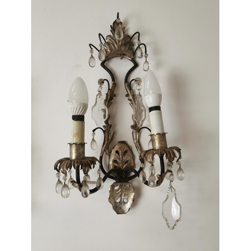 63 - Pair of metal and cut glass wall sconces {45cm H x 25cm W x 15cm D}