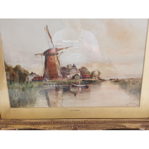 630 - L. Van. Staaten 19th C. Dutch scene  watercolour mounted in giltwood frame   {62 cm H x 80 cm W}.