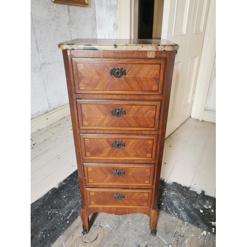 632 - Edwardian kingwood side cabinet with marble top {105 cm H x 45 cm W x 31 cm D}.