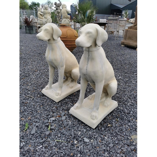 640 - Pair of moulded stone models of seated Dogs. {73 cm H x 30 cm W x 45 cm D}.