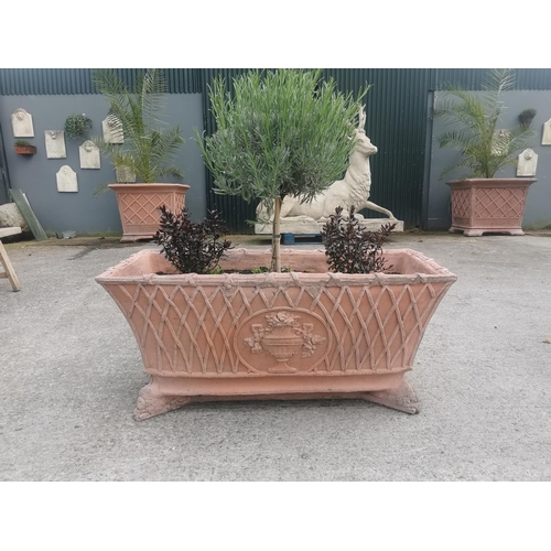 644 - Pair of good quality moulded terracotta rectangular planters with basket weave decoration mounted on... 