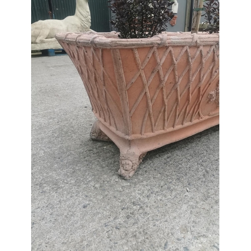 644 - Pair of good quality moulded terracotta rectangular planters with basket weave decoration mounted on... 