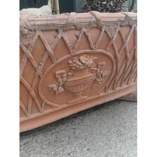 644 - Pair of good quality moulded terracotta rectangular planters with basket weave decoration mounted on... 