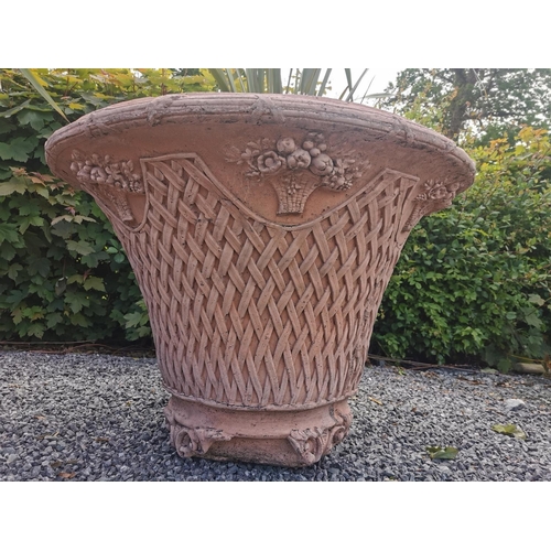 646 - Exceptional pair of moulded terracotta circular planters with basket weave design. {74 cm H x 100 cm... 