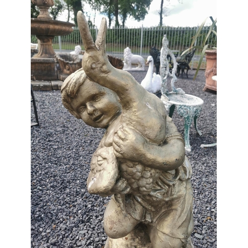 647 - Good quality cast iron model of a Boy wrestling a Duck {92 cm H x 40 cm Dia.}