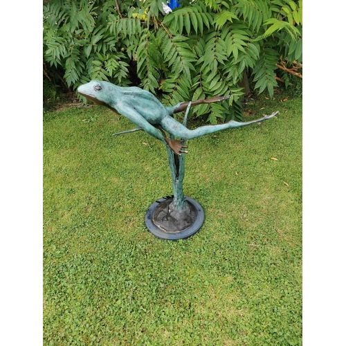 663 - Bronze model of leaping frog on marble base {82 cm H x 40 cm W x 78 cm D}.