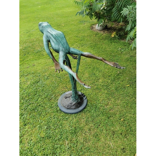 663 - Bronze model of leaping frog on marble base {82 cm H x 40 cm W x 78 cm D}.