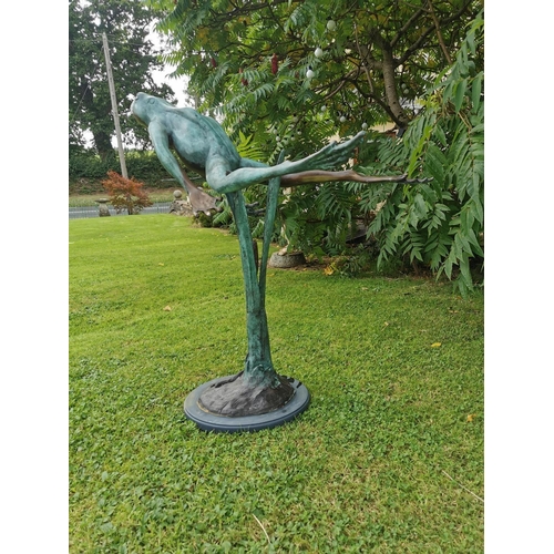 663 - Bronze model of leaping frog on marble base {82 cm H x 40 cm W x 78 cm D}.