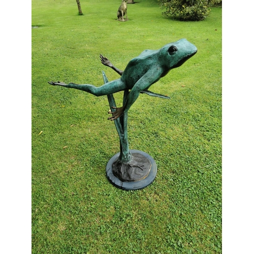 663 - Bronze model of leaping frog on marble base {82 cm H x 40 cm W x 78 cm D}.