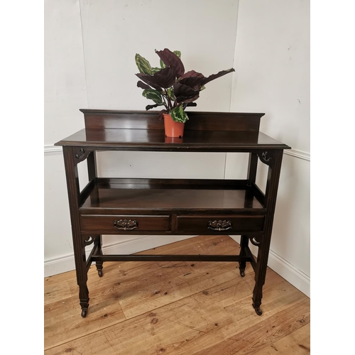 675 - Art Nouveau mahogany server the gallery back over a open shelf with two frieze drawers raised on squ... 