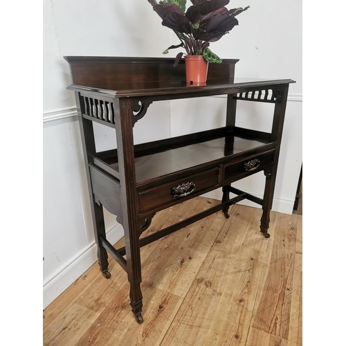 675 - Art Nouveau mahogany server the gallery back over a open shelf with two frieze drawers raised on squ... 