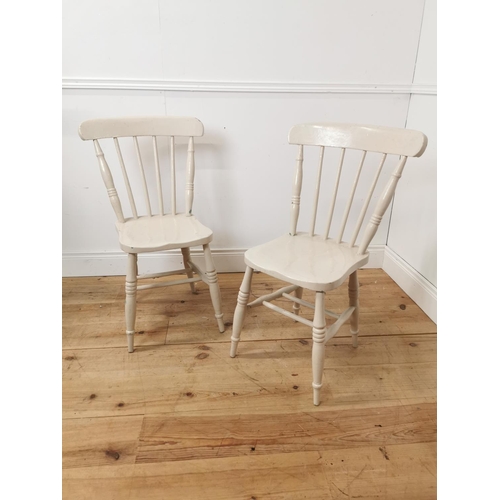 676 - Pair of painted pine kitchen chairs { 87cm H X 53cm W X 50cm D }.