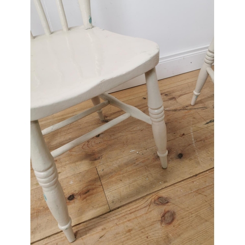 676 - Pair of painted pine kitchen chairs { 87cm H X 53cm W X 50cm D }.