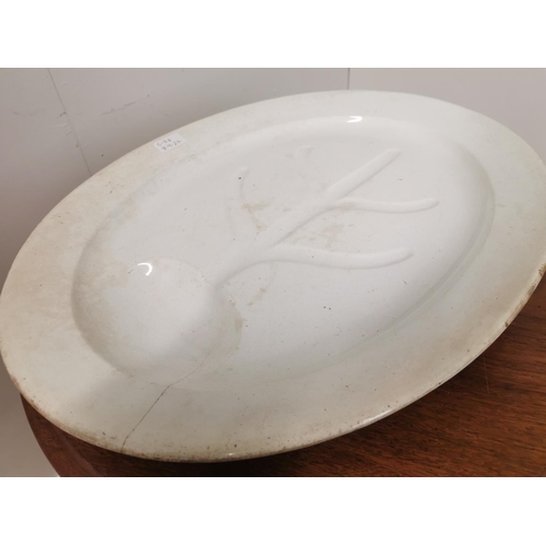 677 - 1st Period Belleek goose platter with black stamp, with crack . { 57cm W X 45cm D }.