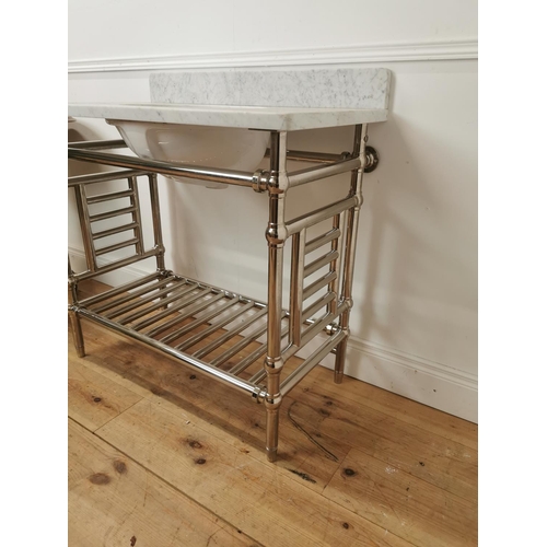 679 - Marble top and basin mounted on chrome radiator stand { 96cm H X 91cm W X 51cm D }.