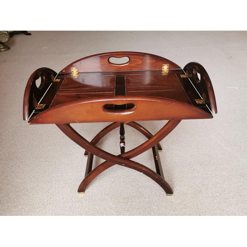 680 - Mahogany campaign style butlers tray and/or coffee table {64 cm H x 70 cm W x 45 cm D}.