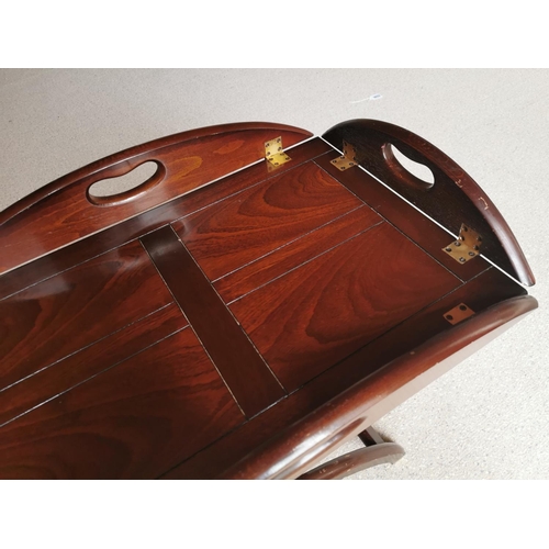 680 - Mahogany campaign style butlers tray and/or coffee table {64 cm H x 70 cm W x 45 cm D}.