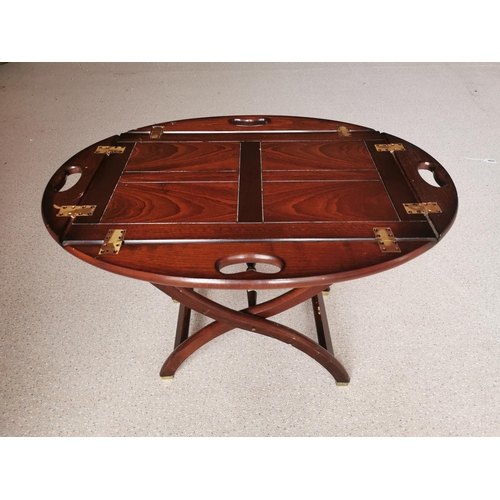 680 - Mahogany campaign style butlers tray and/or coffee table {64 cm H x 70 cm W x 45 cm D}.