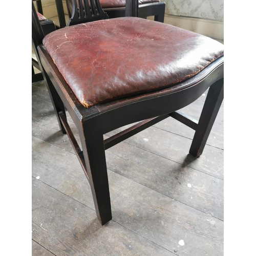 684 - Set of six Edwardian mahogany dining chairs with inset leather seats raised on square legs in the Ge... 