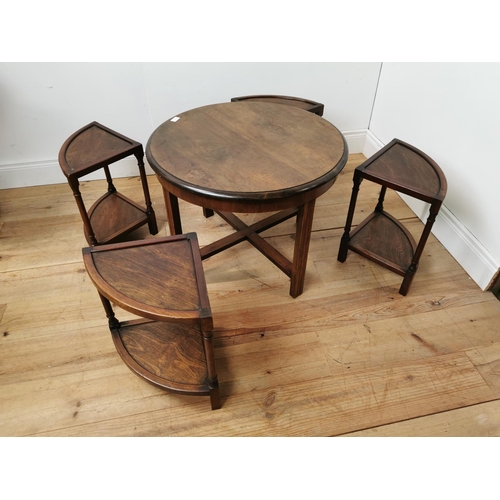 692 - 1950's nest of five walnut tables { 54cm H X 70cm Dia }.