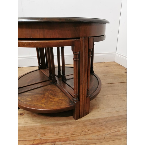 692 - 1950's nest of five walnut tables { 54cm H X 70cm Dia }.