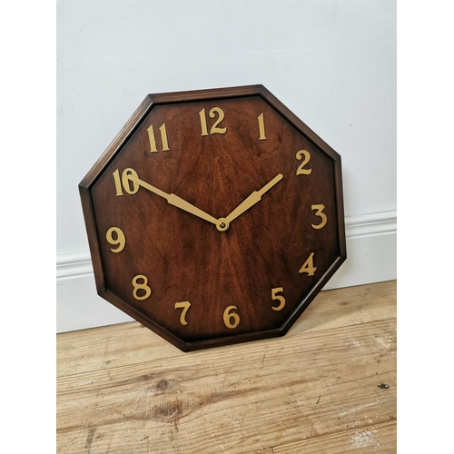 698 - Art Deco mahogany octagonal wall clock { 42cm Sq }.