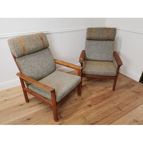 705 - Pair of mid century Comford upholstered teak armchairs { 105cm H X 72cm W X 76cm D }.