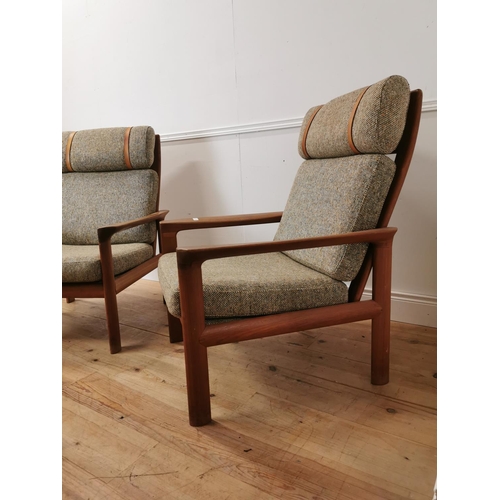 705 - Pair of mid century Comford upholstered teak armchairs { 105cm H X 72cm W X 76cm D }.