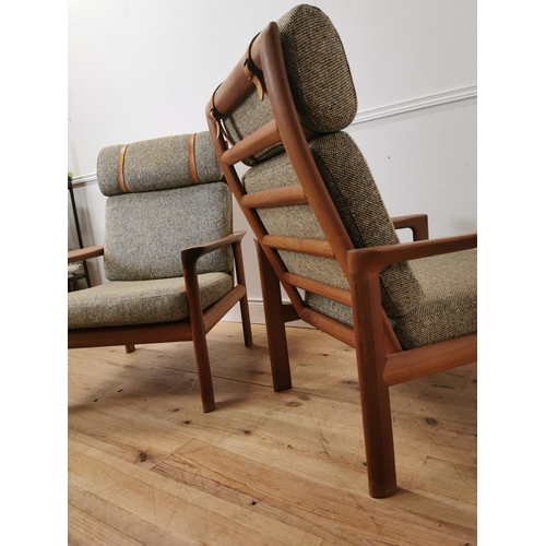 705 - Pair of mid century Comford upholstered teak armchairs { 105cm H X 72cm W X 76cm D }.