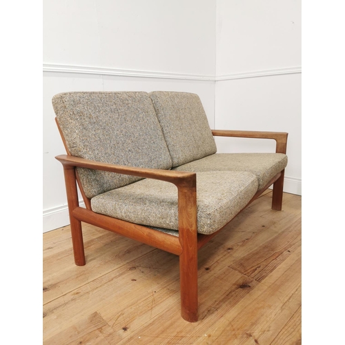 706 - Mid century Comford upholstereded teak two seater sofa { 83cm H X 136cm W X 82cm D }.