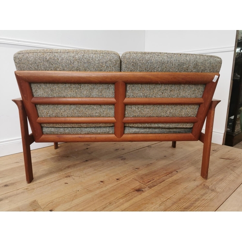 706 - Mid century Comford upholstereded teak two seater sofa { 83cm H X 136cm W X 82cm D }.