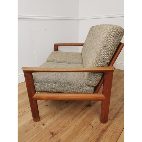 706 - Mid century Comford upholstereded teak two seater sofa { 83cm H X 136cm W X 82cm D }.